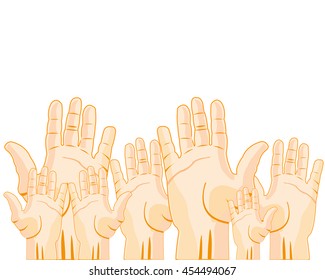 Hands of the people stretched upwards on white background is insulated