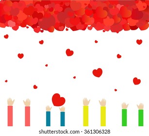 Hands of people stretching in the sky behind the rain of hearts. The hope of love and warmth. Vector