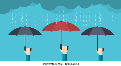 Hands of people in suits holding opened umbrellas and protect from rain - leadership and protection concept - vector illustration