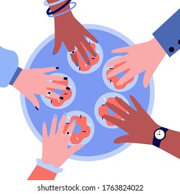 Manos de personas tomando donuts de la bandeja circular. Postre, tentempiés dulces, sabrosa ilustración vectorial plana. Comida, panadería, pastelería para banner, diseño de sitios web o página web de aterrizaje