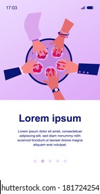 Hands of people taking donuts from circle tray. Dessert, sweet snacks, tasty flat vector illustration. Food, bakery, pastry concept for banner, website design or landing web page