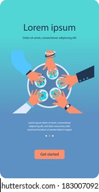Hands of people taking donuts from circle tray. Dessert, sweet snacks, tasty flat vector illustration. Food, bakery, pastry concept for banner, website design or landing web page