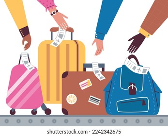 Hands of people taking their luggage from conveyor belt in airport terminal during security check or after flight, flat vector illustration isolated on white background.