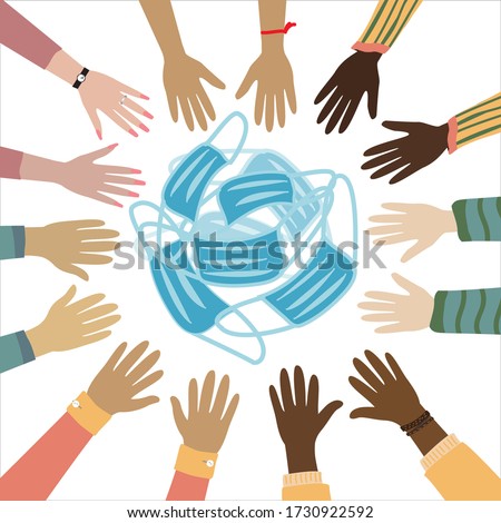 Hands of people throw away used medical masks. The end of the Covid 19 Quarantine Pandemic End of quarantine concept. Hand drawn vector illustration isolated on white background.
