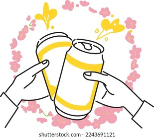 Hands of people toasting with canned beer and borders of cherry blossoms Illustration material
