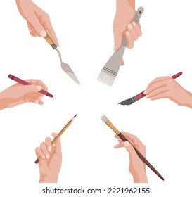 Hands of people with tools for painting vector illustrations set. Collection of cartoon drawings of artists holding brushes, pencil, crayon isolated on white background. Art, crafts, hobby concept