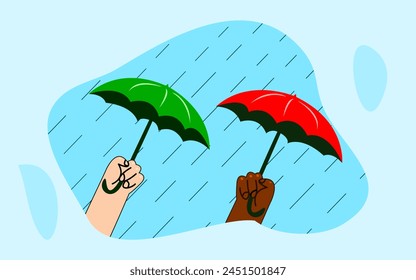 Hands of people with umbrellas protecting from heavy Dubai rain symbolizing onset of autumn with precipitation. Dubai flood 2024. Vector Design of Natural Disaster Flood in Dubai. 