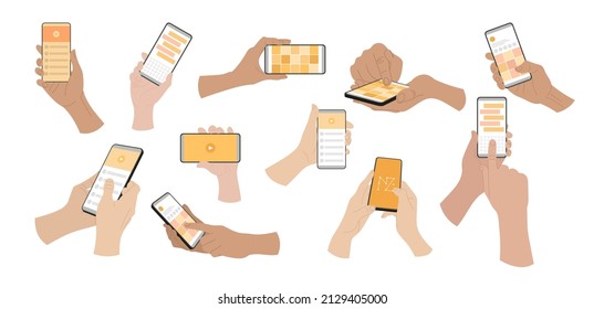 Hands of people using mobile apps in smartphones set. Vector illustrations of person showing actions with phones. Cartoon finger swiping, pointing, sending sms isolated on white. Internet concept