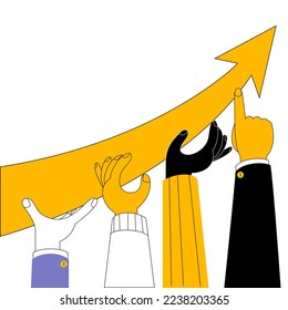 The hands of people of various nationalities are holding a growing sales arrow. Vector illustration on the topic of teamwork in increasing the company's sales.