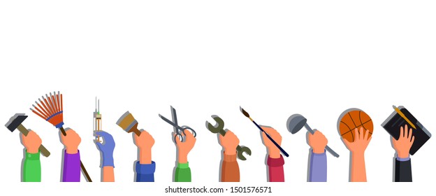 Hands of people of various professions. Isolated objects on a white background.
