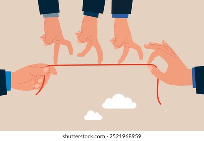 Mãos pessoas andando sobre corda. Equipe empresarial correndo de mão em mão. Acordo comercial, acordo, contrato, negociação executiva. Ilustração de vetor plano