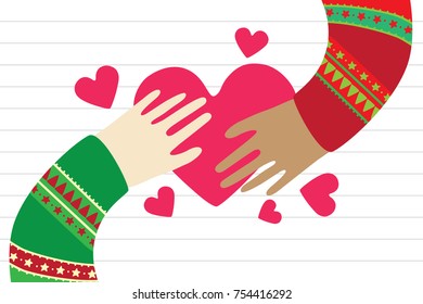 Hands people wearing Christmas tracery sweater holding heart on white wood table in flat design vector illustration