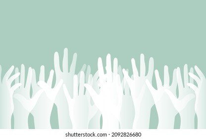 Hands of people of white transparent color of different nationalities and religions. Activists, feminists and other communities are fighting for equality. Blue background. Vector.