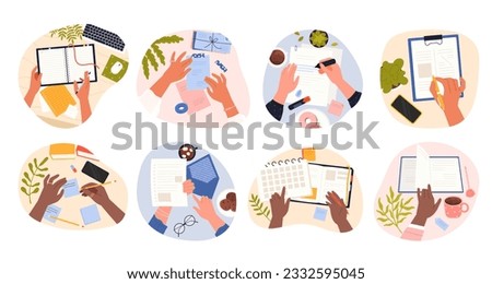 Hands of people writing and reading set vector illustration. Cartoon isolated top view of hands holding pen, pencil or marker, paper sheet and calendar, turning over page of book, notebook or diary