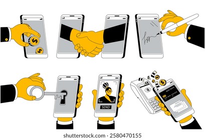 Hands perform different manipulations with the phone. Set of vector illustrations in a linear style. Hand with a pen signs something on the phone. Cartoon style.