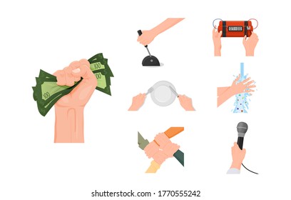 Hands performing actions set. Hand squeezes pack of green hundred dollar bills holds knife and fork sets plastic explosives carefully rinses with soap holds vector microphone.