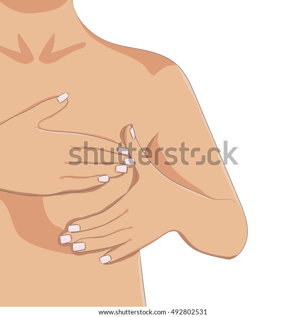 月々の乳房自己検査を行う手 女性の胸 胴体の一部 乳がん がんの問題イラスト かわいい漫画のスタイルのベクター画像 チラシ パンフレット ウェブ 医療センター 病院向け のベクター画像素材 ロイヤリティフリー