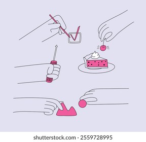 Hands performing tasks: checking a box, decorating cake, holding tools, interacting with shapes. Concept of creativity, productivity, and action. Minimal line art style. Flat vector illustration.