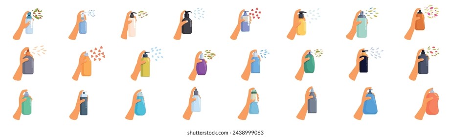 Hands perfume dispenser icons set cartoon vector. Human aerosol. Self care spray