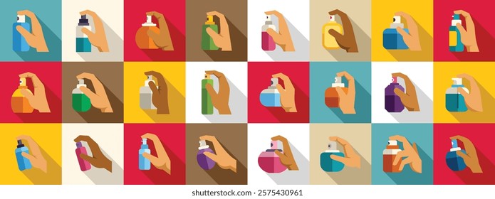  Hands perfume dispenser icons set. Diverse hands spraying various perfume bottles, showcasing a collection of fragrances