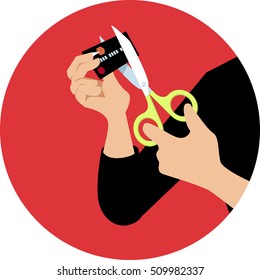 Hands of a person cutting a credit card in half with a scissors on a circle background, vector illustration