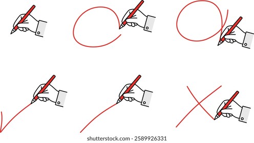 Hands of a person drawing a red circle and a cross