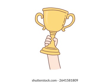  Hands of person holding golden trophy celebrating success. Reaching goals, winner, victory concept. Hand drawn style vector design illustrations.