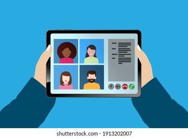 hands of person holding tablet computer with video conference call vector illustration