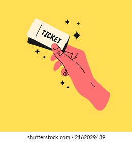 The hands the person holding the tickets  Isolated illustration yellow background  Template for the design 