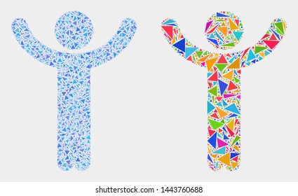 Hands up person mosaic icon of triangle elements which have variable sizes and shapes and colors. Geometric abstract vector design concept of hands up person.