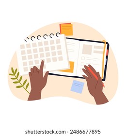 Hands of person pointing to date on calendar, holding pen to write in diary or journal vector illustration