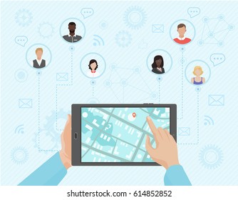 Hands of a person pointing at the tablet with the map on the screen.