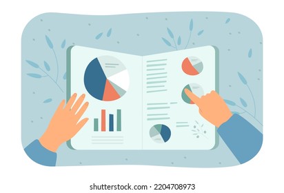 Hands of person studying book with charts and diagrams. Character learning about business or making report flat vector illustration. Business, education concept for banner or landing web page