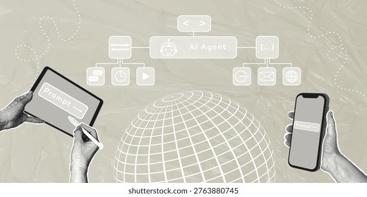 Hands of a person using a tablet and smartphone to interact with an AI agent. Trendy halftone collage. Global network connection and artificial intelligence concept. Digital data interface for a technological task. Vector illustration
