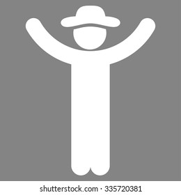 Hands Up Person vector icon. Style is flat symbol, white color, rounded angles, gray background.