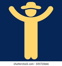 Hands Up Person vector icon. Style is flat symbol, yellow color, rounded angles, blue background.
