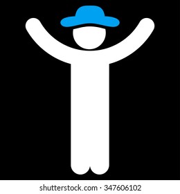 Hands Up Person vector icon. Style is bicolor flat symbol, blue and white colors, rounded angles, black background.