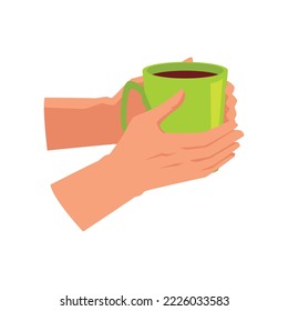 Hands of person warming himself with mug of hot drink as coffee, tea or cacao, flat vector illustration isolated on background. Hands holding cup of warming drink.