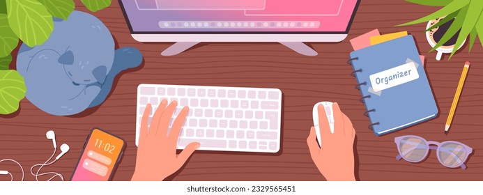 Hands of person working at desk in home office. Freelancer hand typing on keyboard, cat, mobile phone, coffee cup top view. Freelance workplace, work on computer, business flat vector illustration 