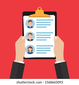 in the hands of the personnel manager is a list of candidates for the workplace with a brief summary of each of the principals. selection of employees. Vector illustration. 10 eps.