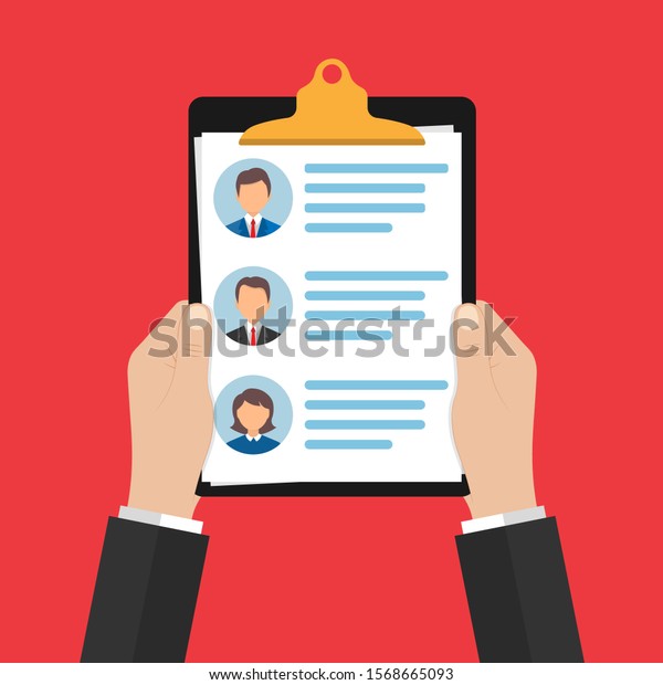 in the hands\
of the personnel manager is a list of candidates for the workplace\
with a brief summary of each of the principals. selection of\
employees. Vector illustration. 10\
eps.