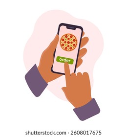 Hands with phone choosing pizza. Order fast food with mobile app. Delivery pizza service. Flat vector illustration isolated on white background.