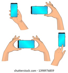 Hands with phone collection. Various poses. Vector illustration
