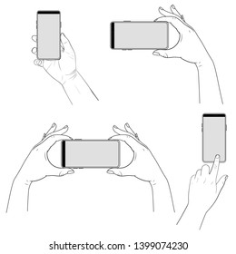 Hands with phone collection. Various poses. Vector illustration
