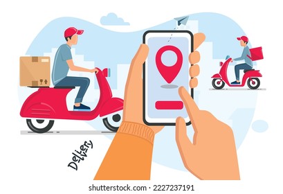 Hands with phone. Delivery app. Vector illustration