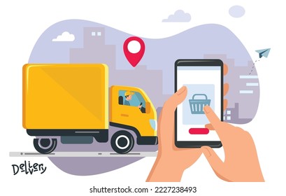 Hands with phone. Delivery app. Vector illustration