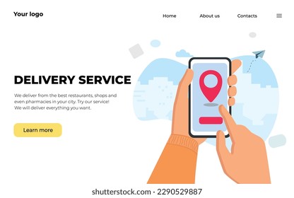 Hands with phone. Delivery service. Landing page