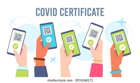 Hands With Phone Digital Covid 19 Certificate, Vaccine Green Pass. Health Vaccination Online Passport. Screen With Qr Code For Control Of Immunization. Traveling During Pandemic Vector Banner