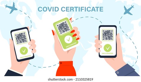 Hands with phone digital covid 19 certificate, vaccine green pass. Template for tourist electronic passports without coronavirus.