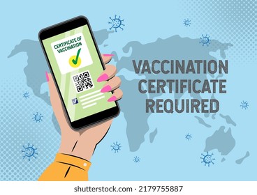 Hands with phone digital covid 19 certificate, vaccine green pass. Tourist electronic passports without coronavirus